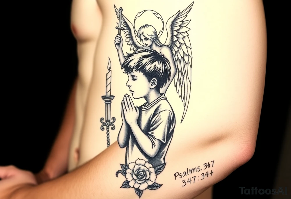 A boy praying in front of a candle casting a shadow in behind him. A guardian angel stands behind him holding a sword pointing into the ground, above the angel are barely visable demons, below everything is the bible verse Psalms 34:7. A rose and dove should be incorporated as well as gothic and fine line tattoo work. tattoo idea