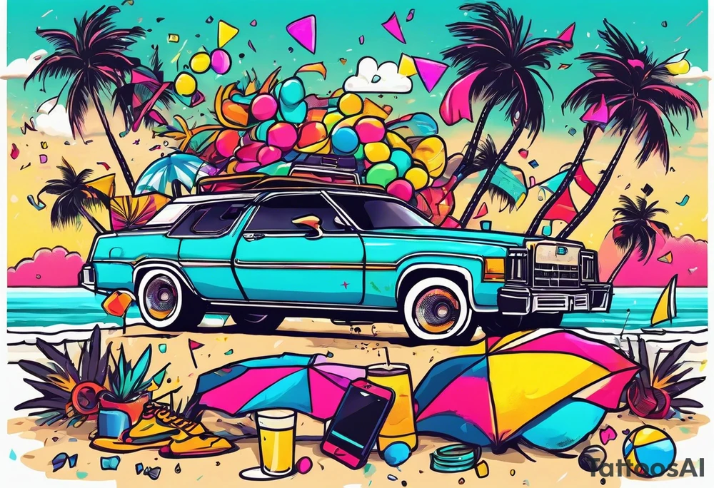 1980's style dance party with boom box and confetti in a beach theme. include people in 80's miami beach clothes, music note. tattoo idea
