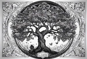 A family tree with the names Larry , J'Mille , Orenzo , Kameron , Kaleb Chance, K'Mia London , Brooklyn , Jayla , Violet tattoo idea