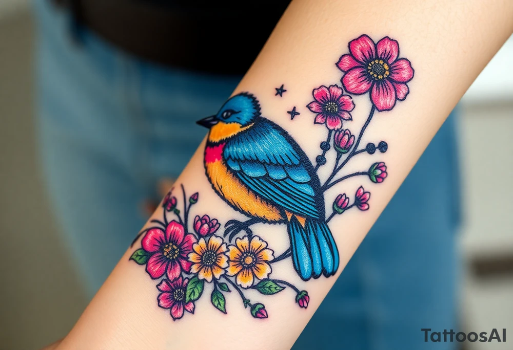 Puffy bluebird surrounded by wild flowers tattoo idea
