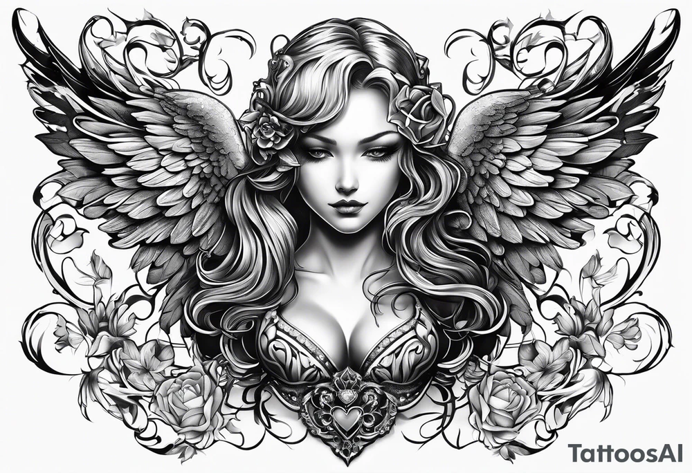 Y2K angel heart with wings and a corset in the middle tattoo idea