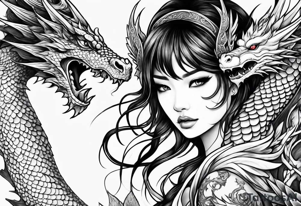 beautiful warrior nymph with dragon wings and a dragon friend tattoo idea