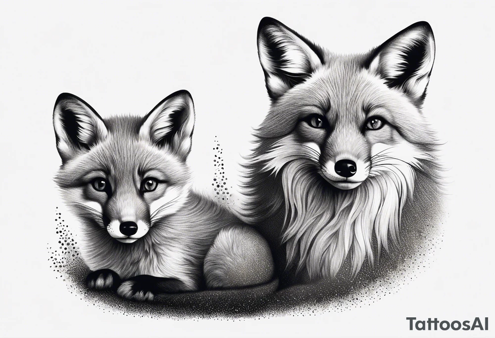 mom and baby fox, realistic, far away tattoo idea