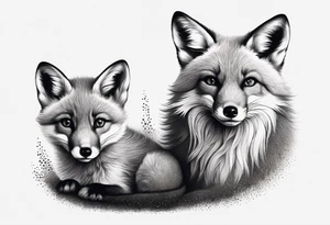 mom and baby fox, realistic, far away tattoo idea