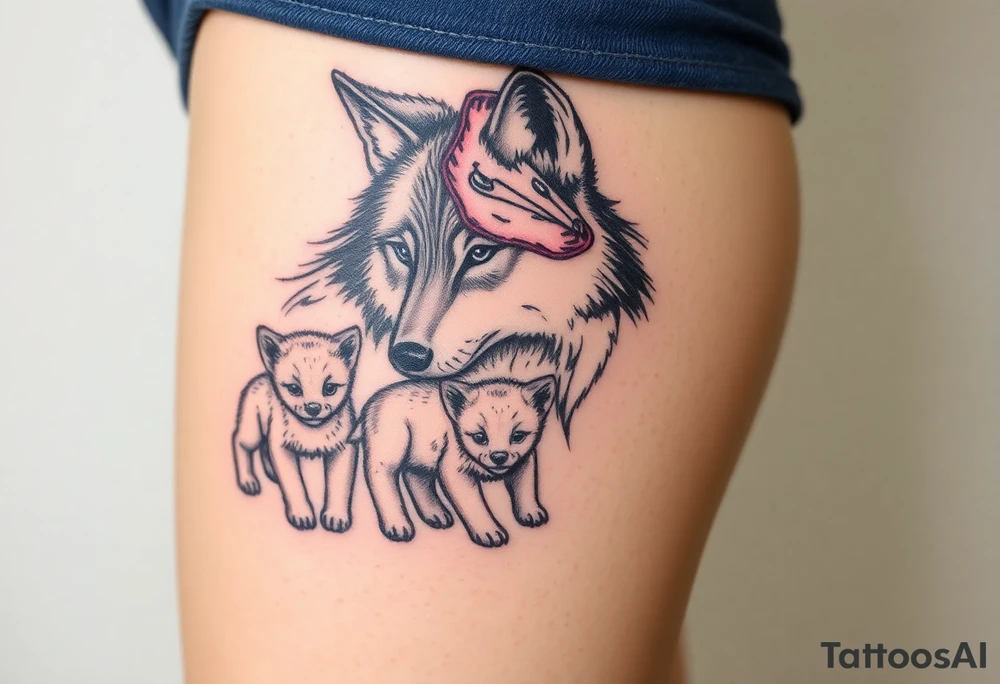 Something to do with a wolf amd 2 cubs 
Mother cub is beaten but on way to recovery whilst baby cubs are in pristine condition happy and not noticing how bad mother wolf is tattoo idea
