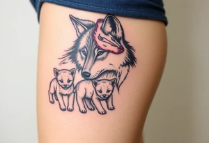 Something to do with a wolf amd 2 cubs 
Mother cub is beaten but on way to recovery whilst baby cubs are in pristine condition happy and not noticing how bad mother wolf is tattoo idea