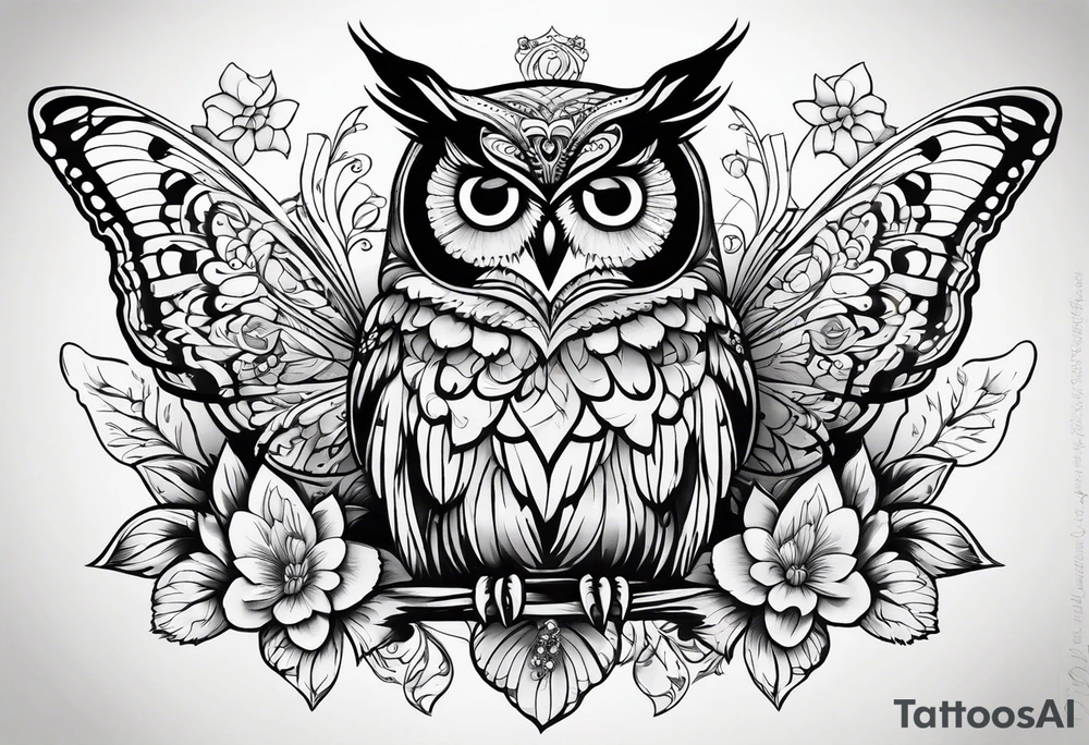 Flowers with butterflies and a owl tattoo idea