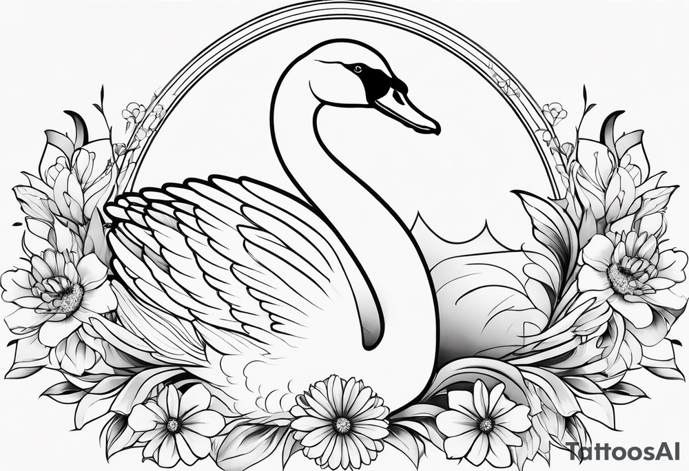 Line work swan with daisy flower tattoo idea