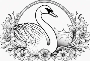 Line work swan with daisy flower tattoo idea