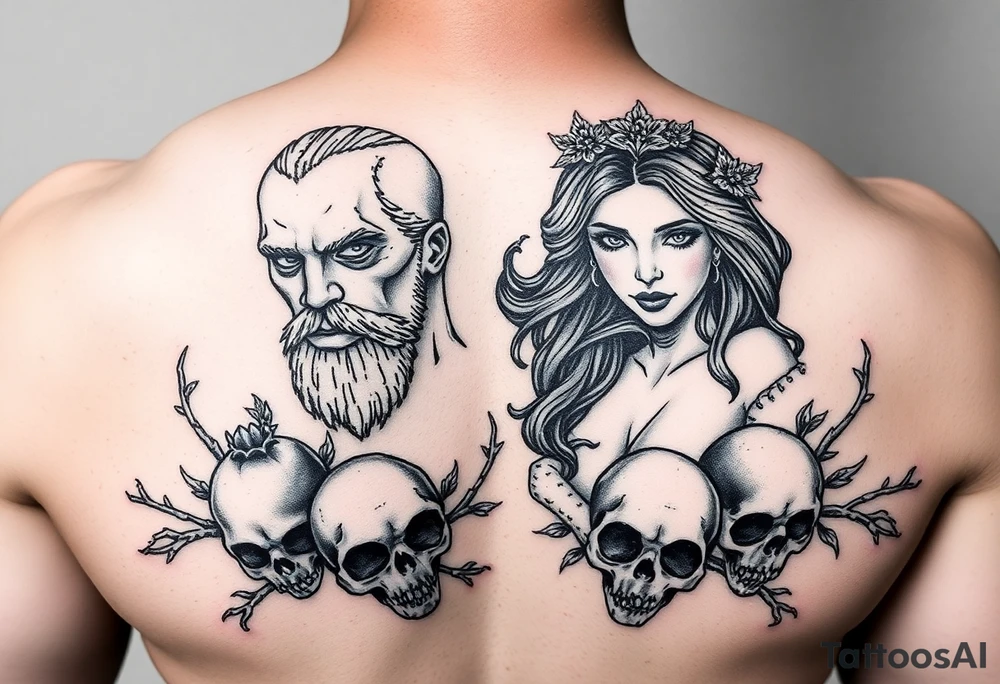 Hades and Persephone with pomegranate’s and skulls tattoo idea