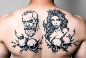 Hades and Persephone with pomegranate’s and skulls tattoo idea