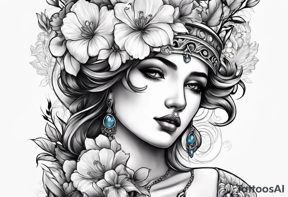 Sleeve with blind Themis and flowers tattoo idea