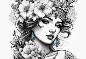 Sleeve with blind Themis and flowers tattoo idea
