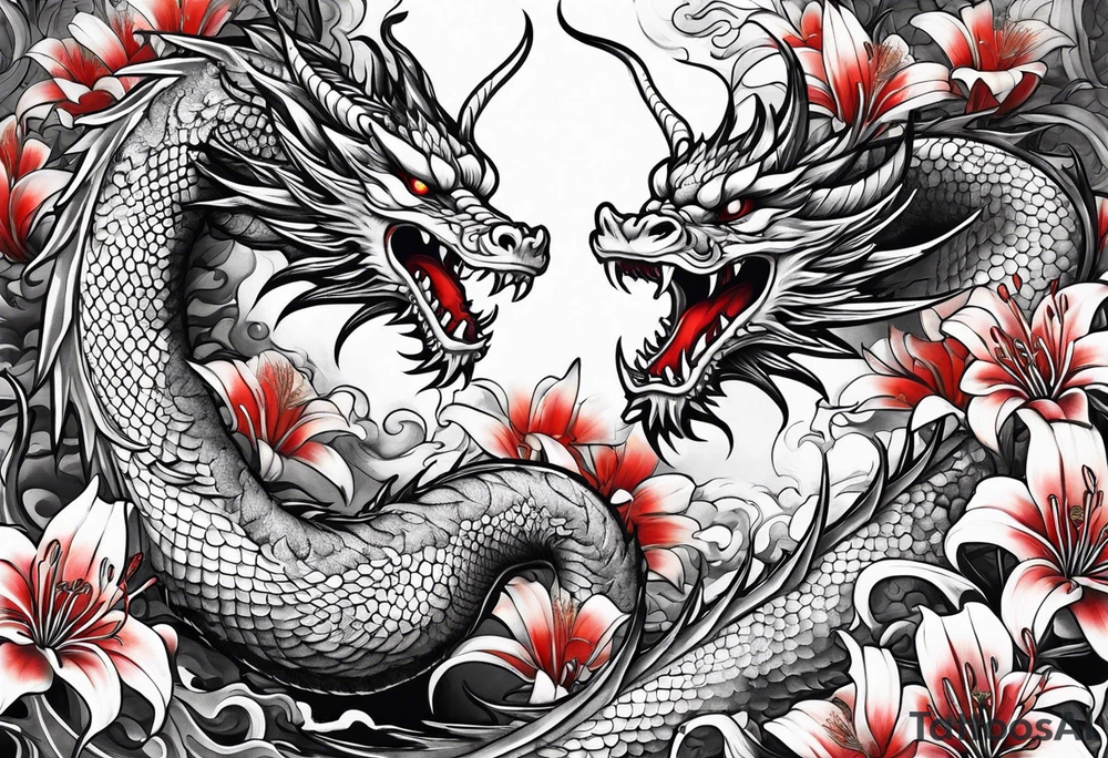 full Dragon with red Spider lilies surrounding it tattoo idea