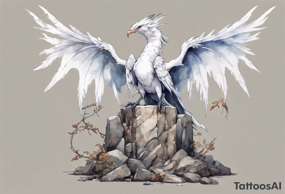 a white bird-wyvern hybrid wearing a plain iron diadem, perched on a stone throne tattoo idea