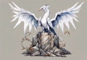 a white bird-wyvern hybrid wearing a plain iron diadem, perched on a stone throne tattoo idea