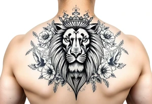 powerful majestic lion with a crown, surrounded by floral ornaments and birds tattoo idea