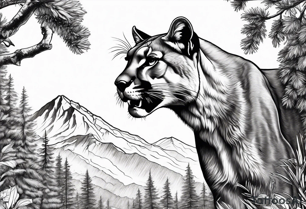 roaring mountain lion, forest background tattoo idea