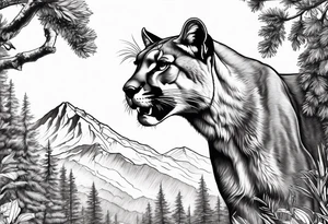 roaring mountain lion, forest background tattoo idea