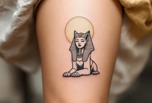 A majestic Sphinx outline in warm gray, positioned below a faded gold sun, sitting on the thigh as a guardian. tattoo idea
