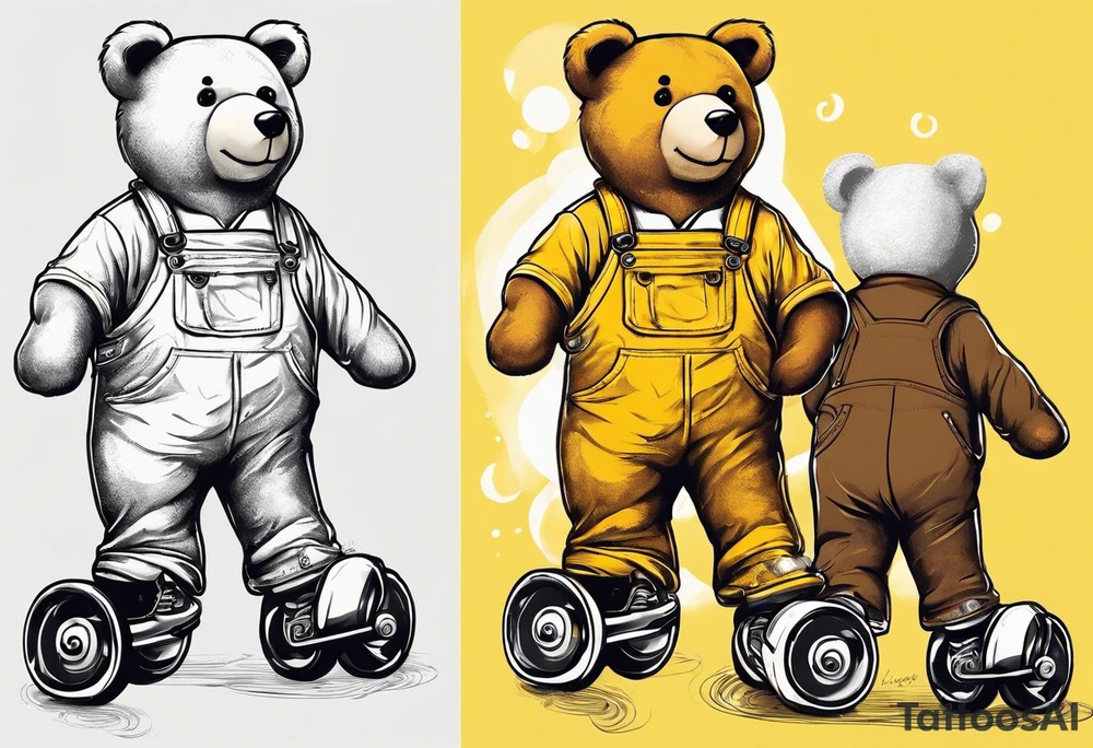 the back of one standing, skinny, brown ,
teddy bear in long, yellow overalls and white roller skates on his feet tattoo idea