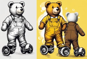 the back of one standing, skinny, brown ,
teddy bear in long, yellow overalls and white roller skates on his feet tattoo idea
