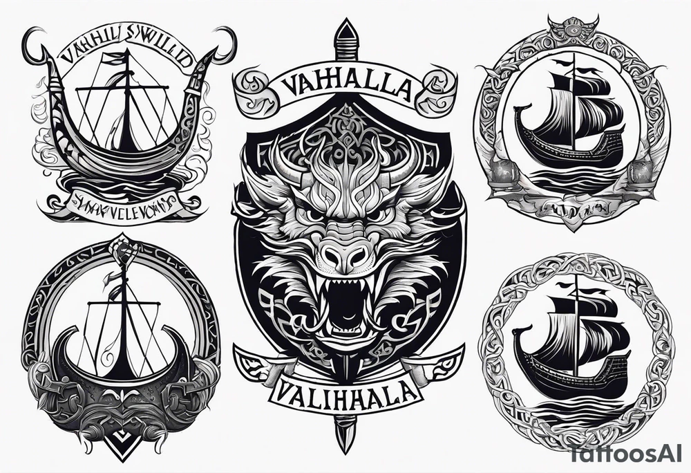 Valhalla sword shield viking ship dragon head tattoo idea Valhalla sword shield viking ship dragon head tattoo idea