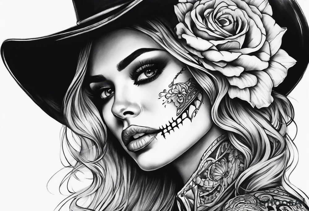 Woman’s skeleton face tattoo idea