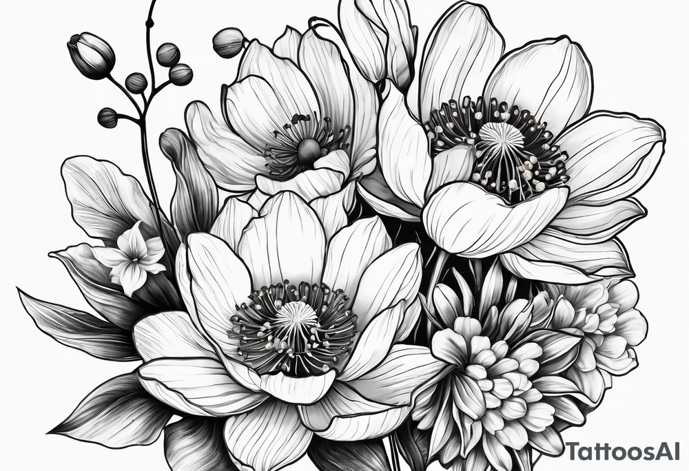 Poppy, water lily, Lily of the valley, daffodil, cosmo flower bouquet tattoo idea