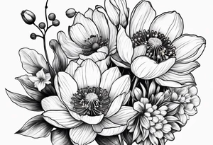 Poppy, water lily, Lily of the valley, daffodil, cosmo flower bouquet tattoo idea