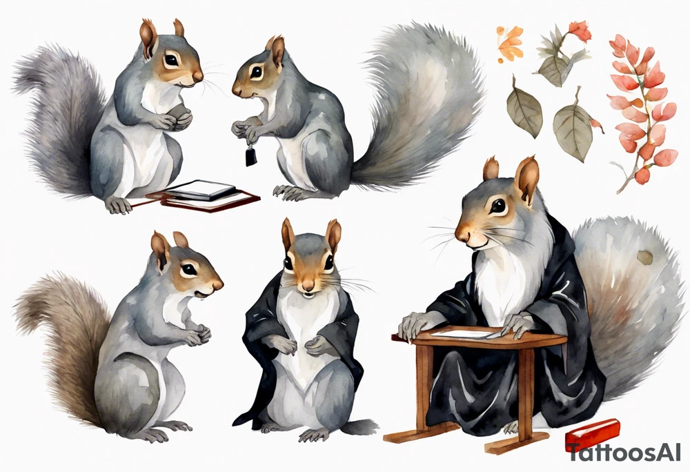 an elderly grey squirrel with a long beard wearing a black robe sitting at a desk tattoo idea