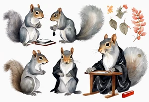 an elderly grey squirrel with a long beard wearing a black robe sitting at a desk tattoo idea
