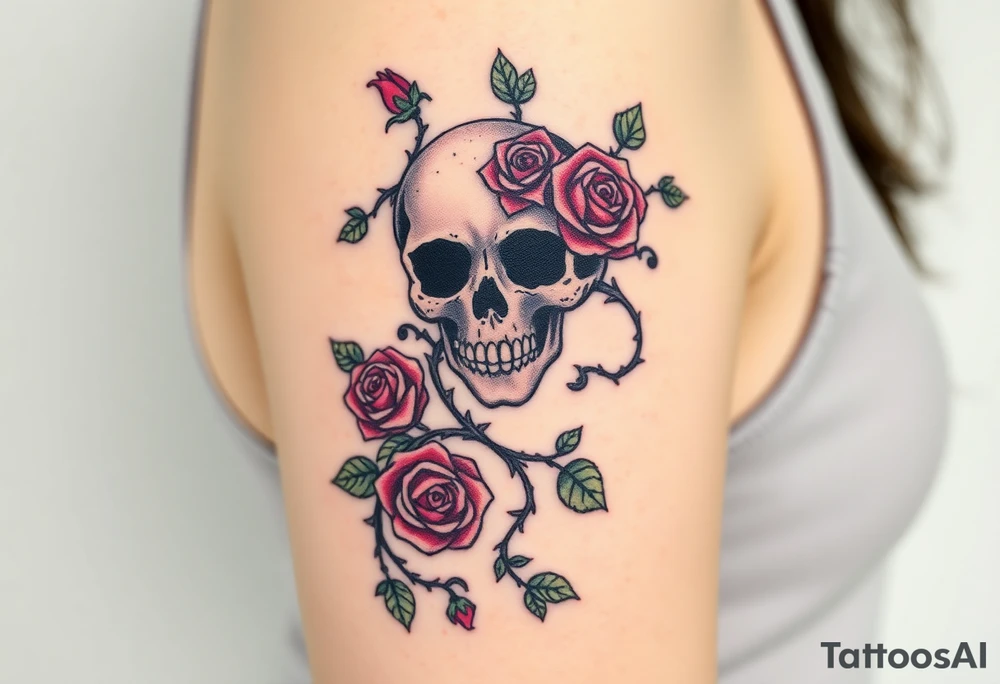 gothic skull intertwined with climbing roses and thorny vines tattoo idea