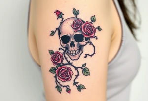 gothic skull intertwined with climbing roses and thorny vines tattoo idea
