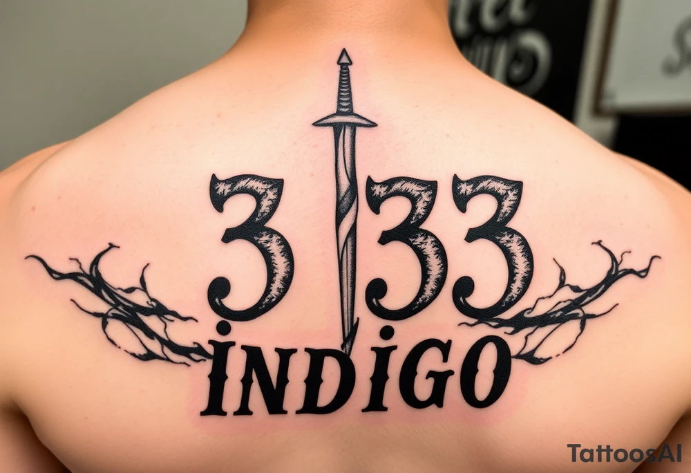 The number 333 stabbed through the name indigo tattoo idea