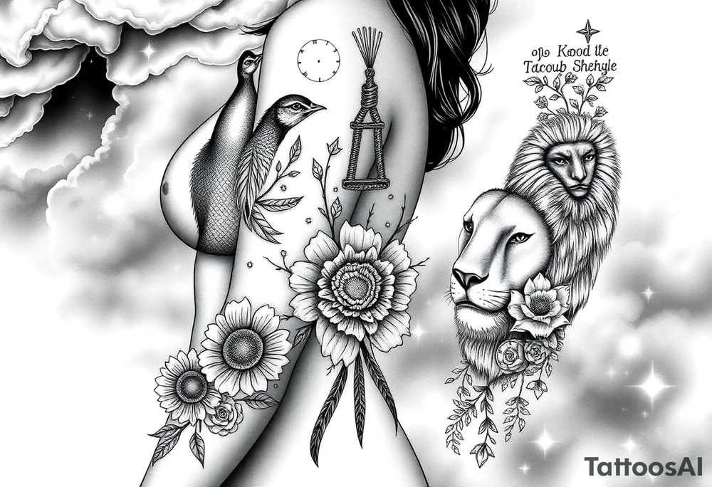 Storm, darkness, , fat naked woman, peacock, dead sunflower and rosesflowers, razor blades, noose, couple having sex , cupcake ,cigerettes storm clouds coins, mirror, lamb, lion tattoo idea