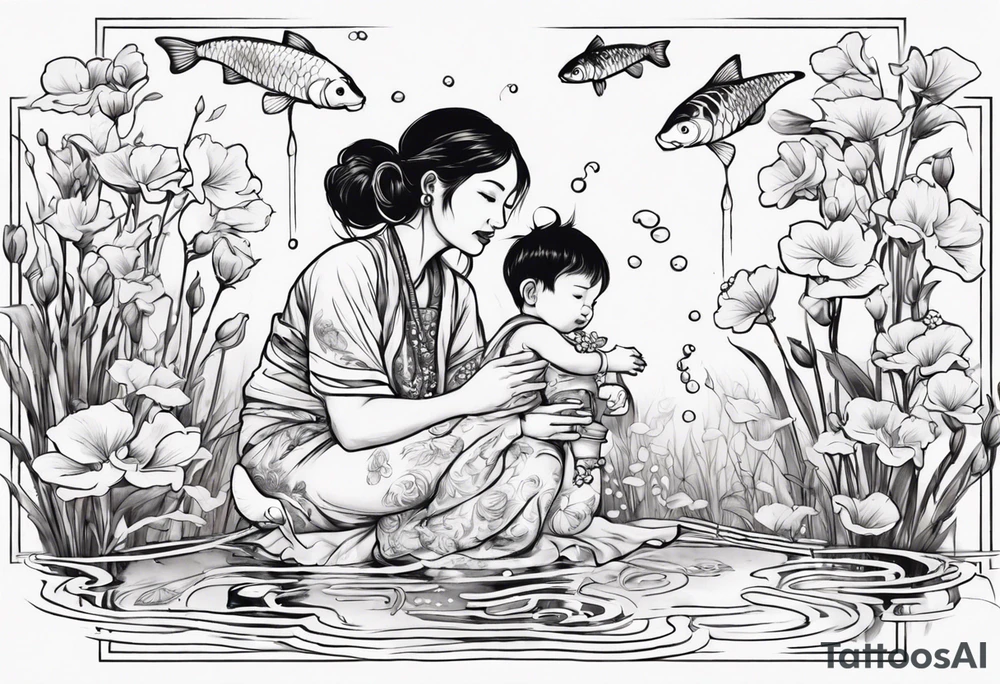 ethnic 
woman and little boy, watering sweet pea flowers cascading down, surrounding a pond with 2 koi fish swimming tattoo idea