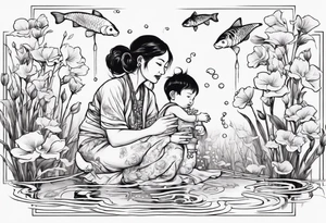 ethnic 
woman and little boy, watering sweet pea flowers cascading down, surrounding a pond with 2 koi fish swimming tattoo idea