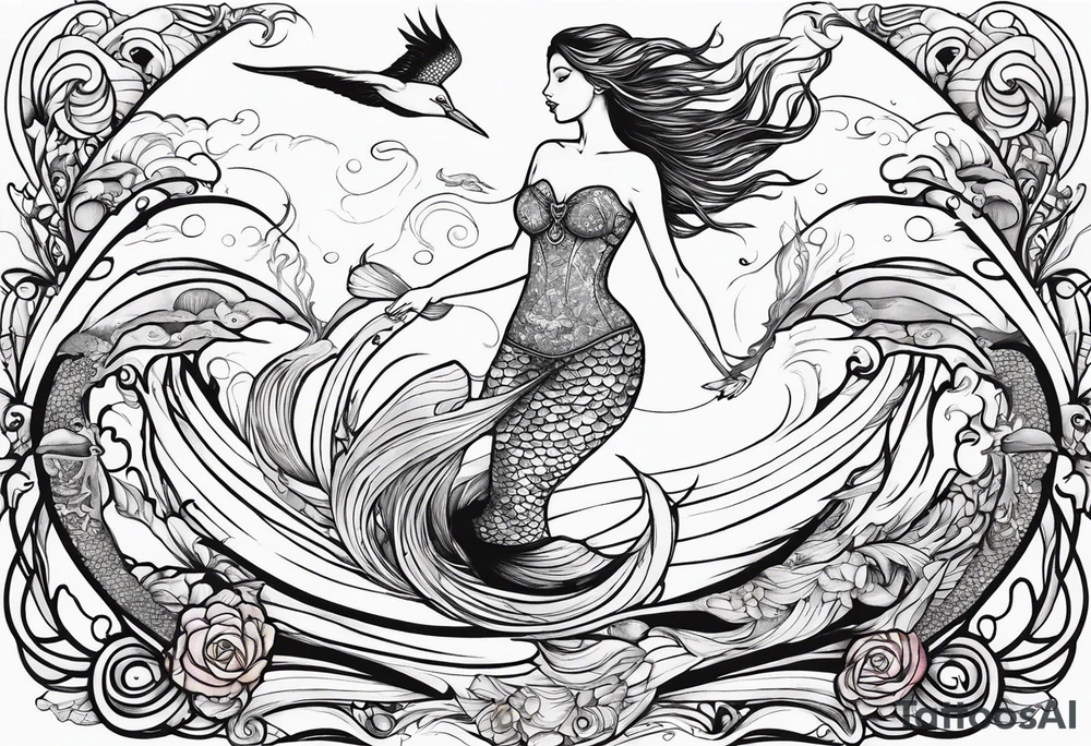 mermaid jumping to see pelicans tattoo idea