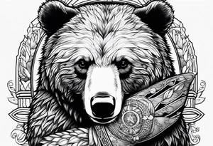bear lying and has tiny hedgehog in his hands tattoo idea