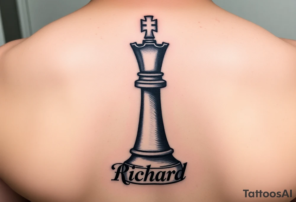 The king chess piece with the name Richard incorporated into the bottom of the piece tattoo idea