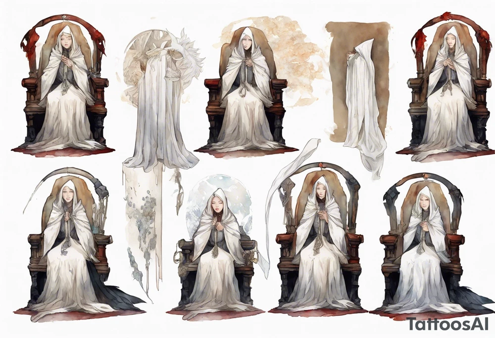 medieval Cate Blanchett dressed in white cloak, sitting on a throne, crying tattoo idea