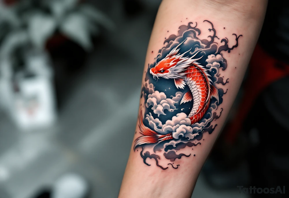 Red Koi and Dragon through swirling clouds, representing transformation and victory. tattoo idea