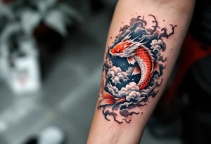 Red Koi and Dragon through swirling clouds, representing transformation and victory. tattoo idea