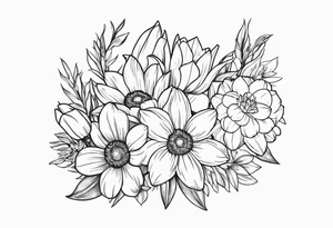 Small Bouquet of daffodils gerberas and tulips tattoo idea