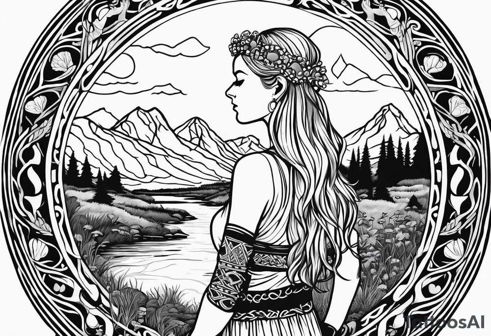 Whole picture encircled fully

Straight long blonde hair hippie girl in distance holding mushrooms in hand facing away toward mountains and creek surrounded by mushrooms long sleeve shirt and hiking pants; whole rendering within a full celtic circle border, no cut off circle tattoo idea