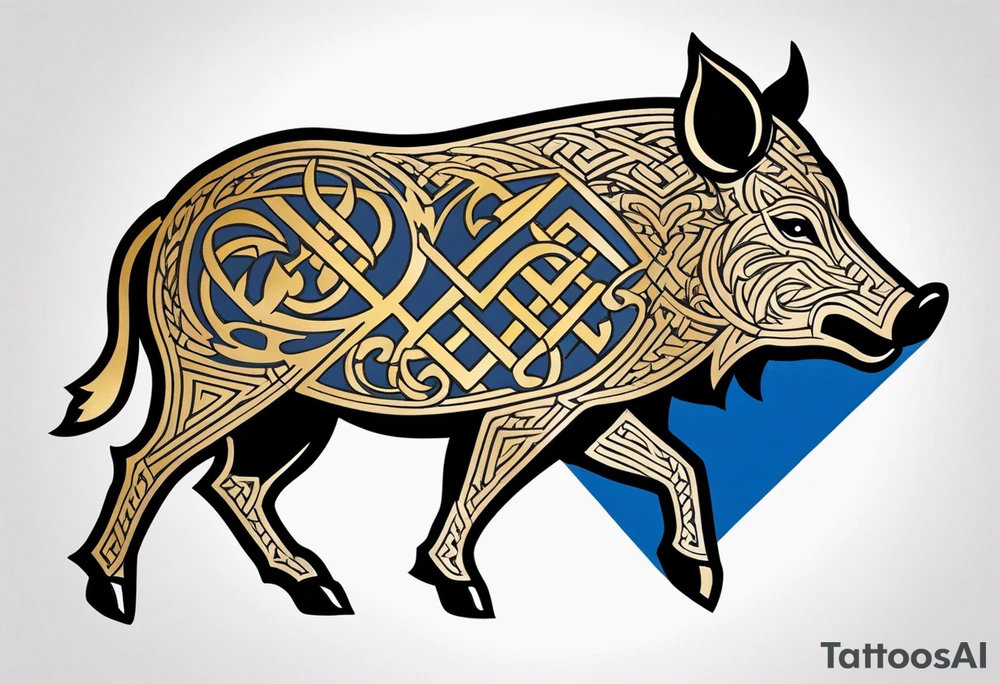 Side profile, Celtic, tribal, wild boar, On a Chatwin family crest with blue background, two gold stars, and a gold Chevron, and a Thistle tattoo idea