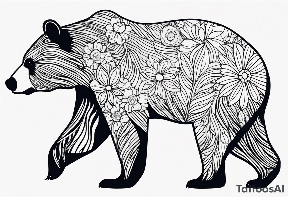 Profile of mama bear walking. The outline of the bear is a delicate floral pattern and solid lines. There are no facial features on the bear. tattoo idea