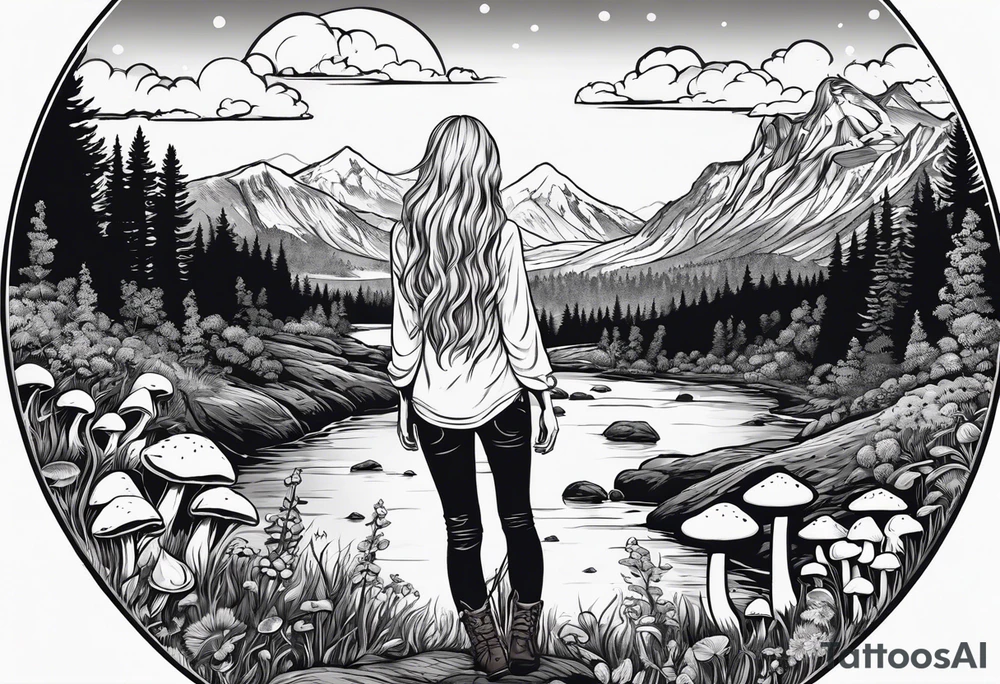 Whole picture encircled fully

Straight long blonde hair hippie girl in distance holding mushrooms in hand facing away toward mountains and creek surrounded by mushrooms long sleeve shirt and hiking pants; whole rendering within a full circle, no cut off circle tattoo idea
