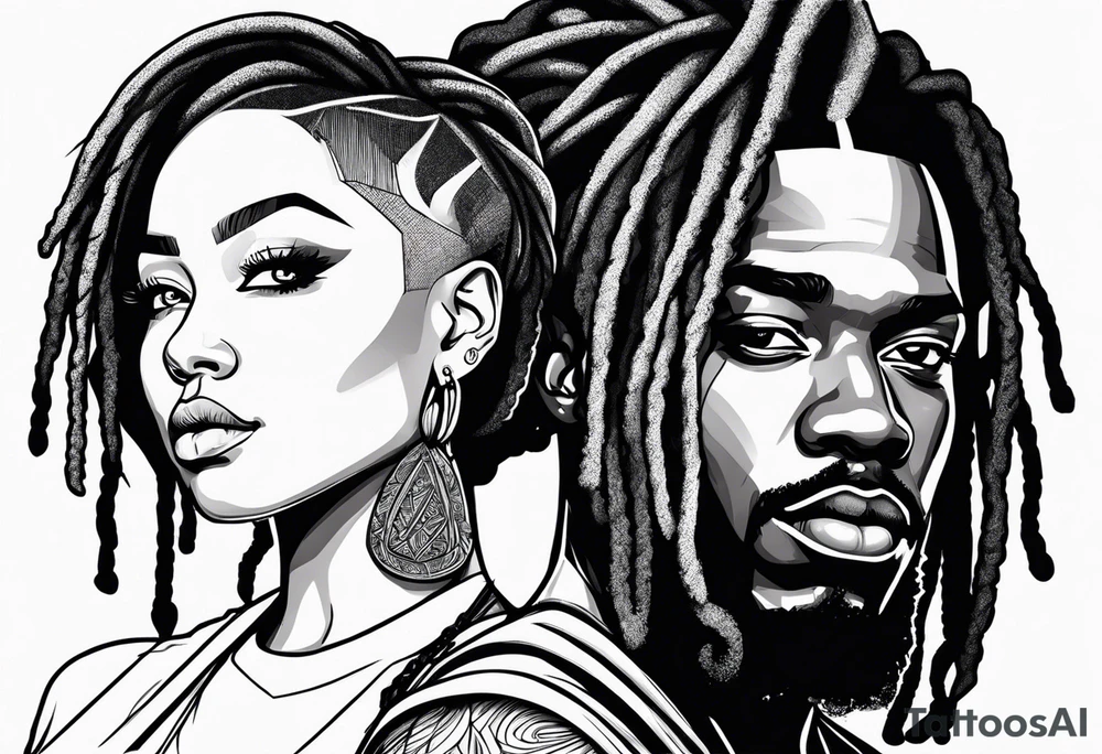 Black man with dreads and women with short hair together tattoo idea